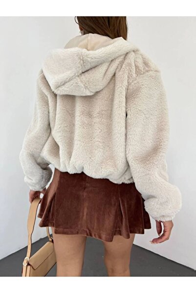 TİLLE Women's Rabbit Plush Fur Zippered Lined Coat