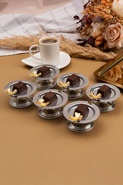 Efsun 6-Piece Butterfly Gold Macaron Bowl, Turkish Delight Bowl, Tea and Coffee Side Presentation Bowl, Metal Sugar Bowl