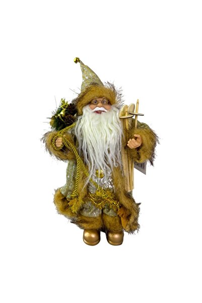 velve Decoratiune Mos Craciun, cu schiuri si sacul plin de cadouri, 35 cm, Auriu