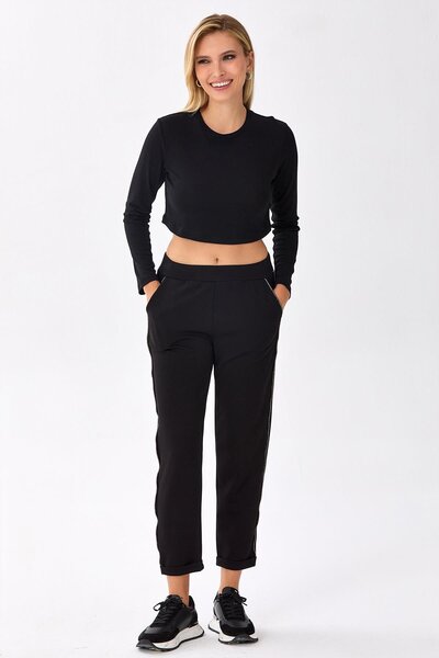 İKİLER Stone Striped Detail Pocket Knitted Trousers