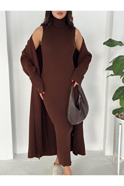 MAXXANA Turtleneck Zero-Sleeve Dress and Long Cardigan Two-Piece Knitwear Set