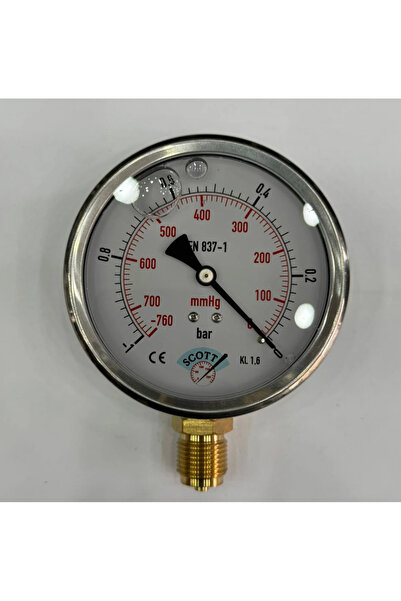 SCOTT Ø 100 mm Gliserinli Tip Manometre 1/2'' Alttan Bğlnt Arka Flanş 304 Inox Pirinç ( -1/760 ...0Bar )