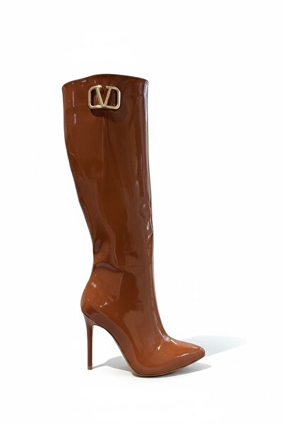 MissPapatya Verona Tan Patent Leather Thin Heel Below-The-Knee Buckle Women's Boots
