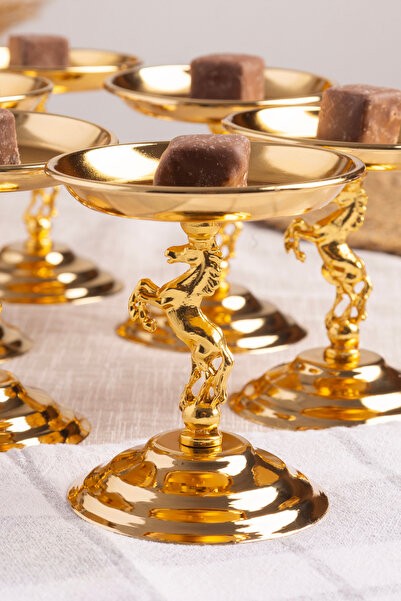 Efsun 6-Piece Horse-Shaped Gold Turkish Delight Holder, Tea and Coffee Side Serving Holder, Metal Sugar Bowl, Macaron Holder