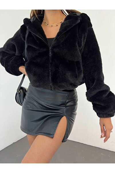 TİLLE Women's Rabbit Plush Fur Zippered Lined Coat