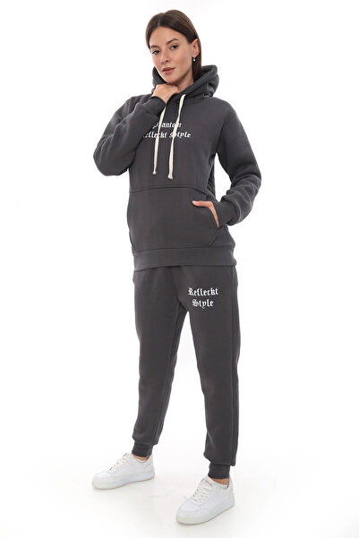 PHANTOM JEANS Σετ γυναικεία αθλητική φόρμα Smoked Chic Fleece με ελαστικό πόδι και τσέπες με κουκούλα Κεντητικές λεπτομέρειες Συμπαγές σετ