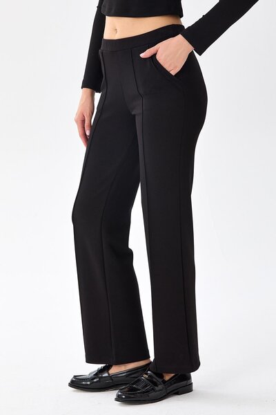 İKİLER Knitted Trousers with piped Elastic Waist Pockets on the Front