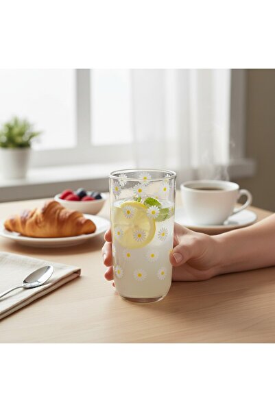 sharp&art Daisy Patterned Set of 4 Glass Cups, 380 Ml.