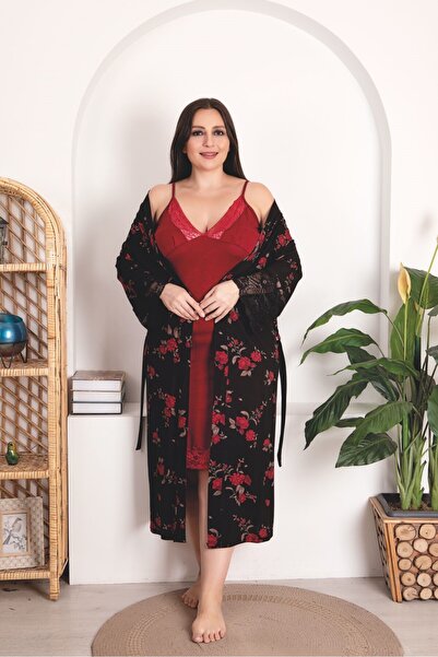 MOPİ Plus Size Very Stylish Long Sleeve Dressing Gown Suspender Nightgown Set