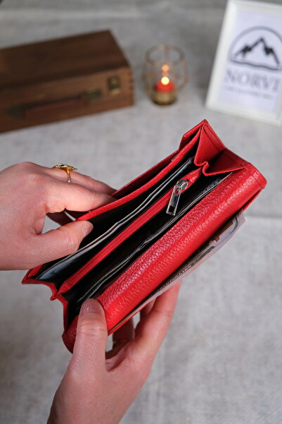 Norvi Leather Women's Genuine Leather Wallet with Plenty of Card Holders and Coin Compartment Red 1228