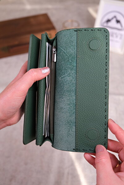 Norvi Leather Saraciye Stitched Genuine Leather Wallet with Phone Compartment Green 1052