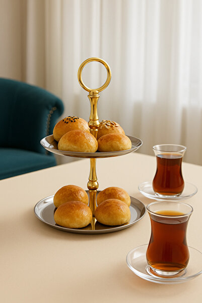 Efsun 2-Tier Round Stainless Steel Serving Tray, Kura Piped K, Pasta Holder, Promise, Engagement Table