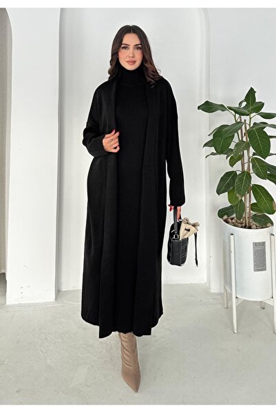 MAXXANA Turtleneck Zero-Sleeve Dress and Long Cardigan Two-Piece Knitwear Set
