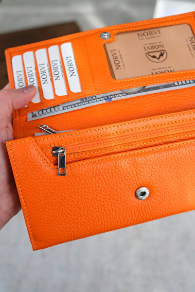 Norvi Leather Women's Genuine Leather Wallet with Plenty of Card Holders and Coin Compartment Orange 1228
