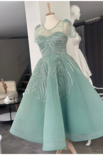 SEDABULBULTASARİM Mint Yeşili Taş İşlemeli Tül Dantelli Gren Abiye Elbise