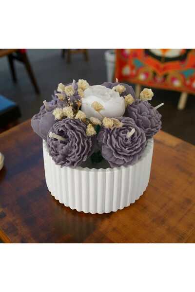 MODA Küçük Boy Mor–Beyaz Çiçek Buketi Kokulu Vazo Mum – %100 Soya Wax – Taş T...