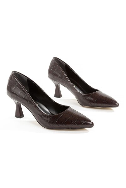 Y ESMA Stiletto Brown Croco Leather Pointed Toe Closed 5 cm Cup-Heel Round Toe New Season