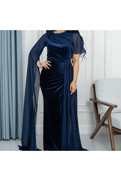 Nice Model Navy velvet evening dress with chiffon cape and luxurious side flowers