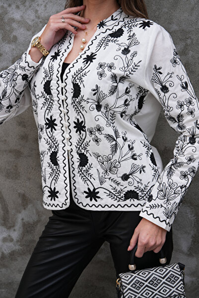 FancyWorld Black and White Cross Stitch Design Embroidered Thin m Transitional Jacket