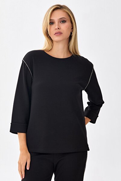 İKİLER Crew Neck Stone Striped Detail Sweatshirt