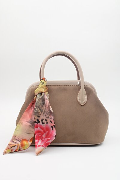LASSO Women's Beige Suede Scarf Detailed Snap Closure Lined Hand, Arm and Shoulder Bag