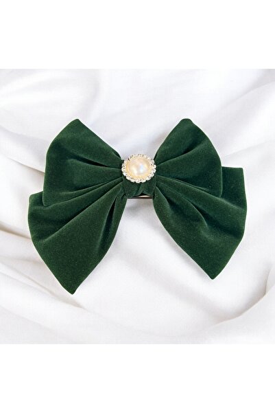 Rachel Suede Velvet Green Large Design Pearl Crystal Stone Bowknot Buckle -16 cm