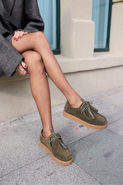 ANGELİNA JONES Lemario Women's Khaki Genuine Leather Suet Lace-Up Detail Loafer Shoes