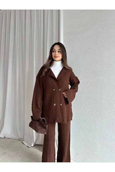Narstorm Women's Braided Brown Knitwear Buttoned Jacket Set