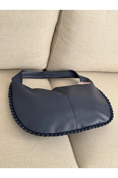 BAGLOVİS Big Casual Navy Blue Women's Shoulder Bag with Knitted Edges and Single Strap En43 Boy27