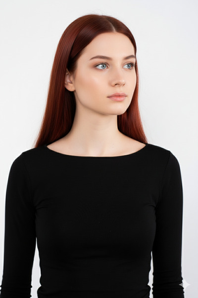 Boubon Co Black Women's Boat Neck Long Sleeve Finger-Loop Black Women's Blouse