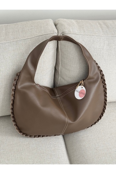 BAGLOVİS Big Slack Dark Beige Women's Shoulder Bag with Knitted Edges and Single Strap En43 Boy27