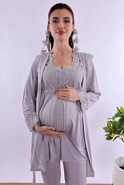 ByLohusa Effortt Gray Maternity Pajamas Set with Dressing Gown