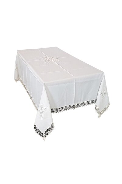 LALE Fata de masa brodata, 160 x 220, pentru 8-12 persoane, Lale, alb cu dant...