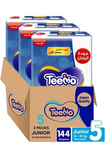 Teemo حفاضات ماسية مضغوطة مقاس 5 جونيور 14-25 كجم صندوق ضخم 144 حفاضة