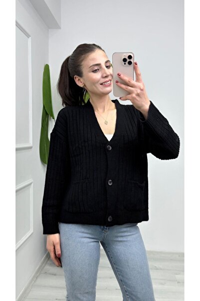 TUNAM BUTİK 4966 Pocket Detailed V-Neck Knitwear Cardigan Black