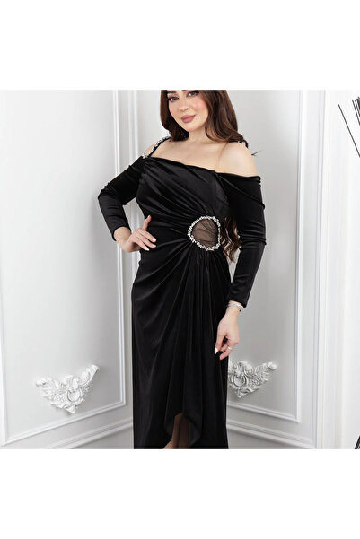 Nice Model فستان سهرة مخملي أسود بأكتاف ساقطة وتصميم كريستالات