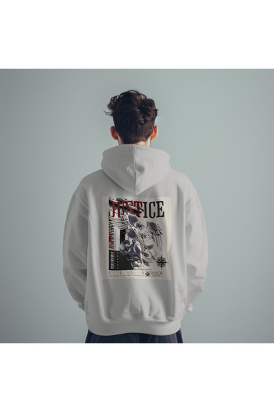 Justice Sırt Baskılı Unisex Standart Fit Kapüşonlu Şardonlu Pamuklu Gri Sweatshirt