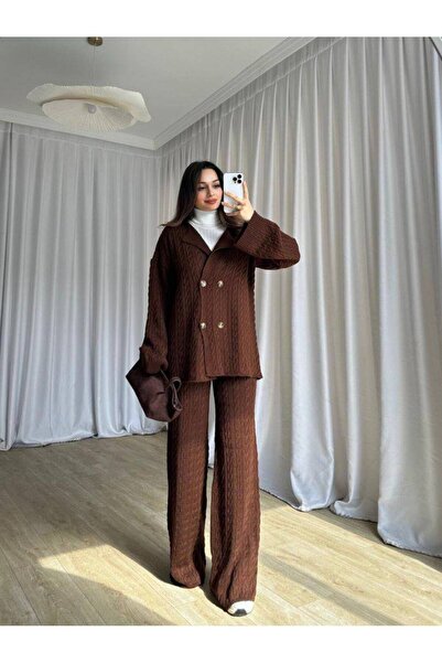 Narstorm Women's Braided Brown Knitwear Buttoned Jacket Set