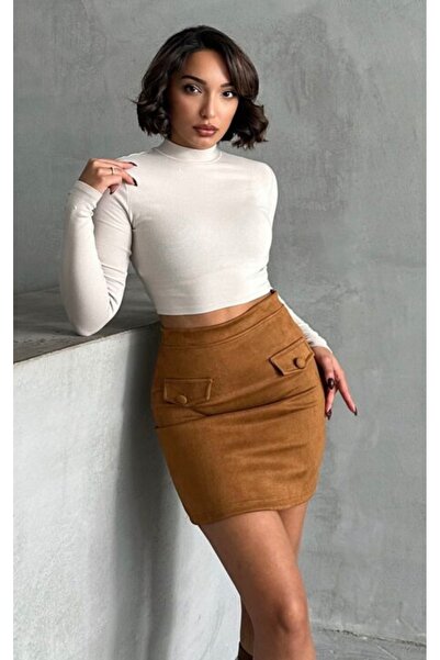 TOPSHOW Stretch Fabric Suede Mini Skirt