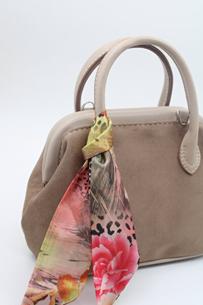 LASSO Women's Beige Suede Scarf Detailed Snap Closure Lined Hand, Arm and Shoulder Bag