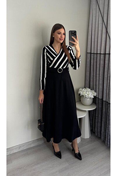 Miasista M-100984 V Yaka Çizgili Triko Elbise