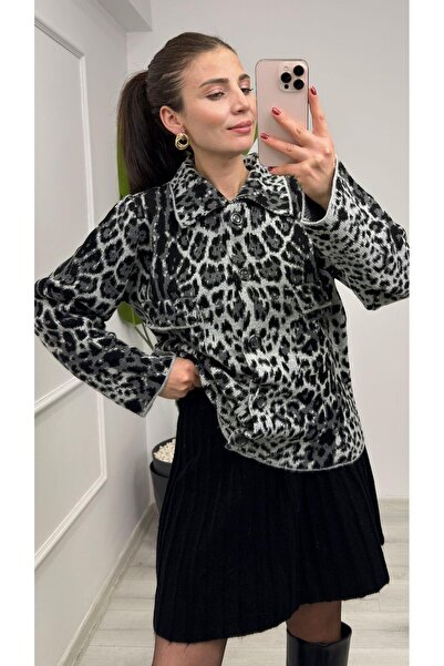 TUNAM BUTİK 4672 Polo Neck Leopard Patterned Cardigan with Pockets Black