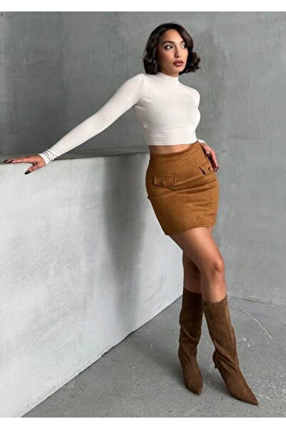 TOPSHOW Stretch Fabric Suede Mini Skirt