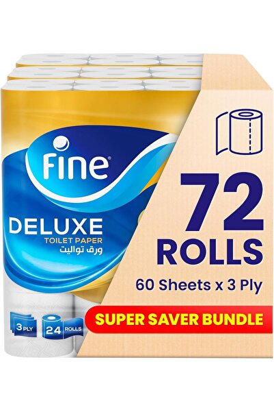 FINE Deluxe Toilet Paper, 3 Ply x 72 Rolls, Highly Absorbent, Sterilized, Sof...