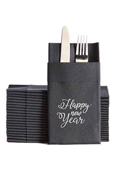 NapkinStore Fabric Textured Happy New Year Printed Black Pocket Napkin Set of 6