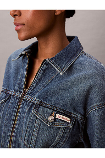 Calvin Klein Cropped Zip Up Denim Jacket