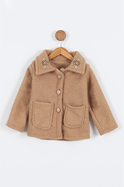 Ege Bebek Girl's Floral Embroidered Collar Buttoned Coat for Ages 2-3-4-5-6-7