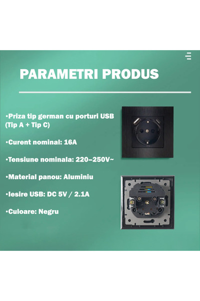 OEM Socket with USB ports Type A + C, 16A 250V, 5V 2.1A, aluminum frame, Ø63 mm socket, child protection