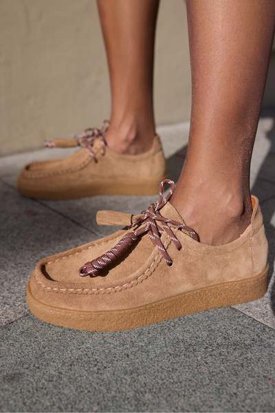 ANGELİNA JONES Lemario Women's Taba Genuine Suede Lace-Up Detail Loafer Shoes