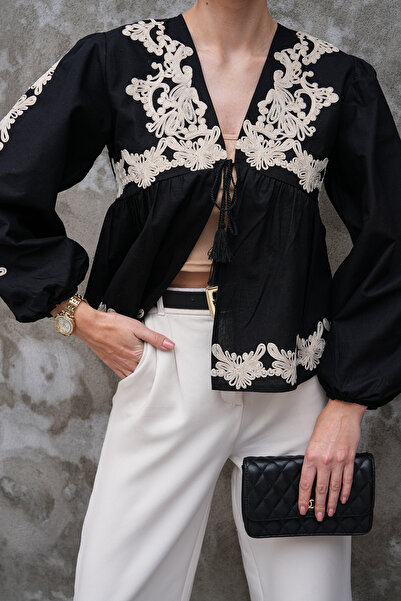 FancyWorld Black Tassel Front Tie Embroidered Slim Jacket